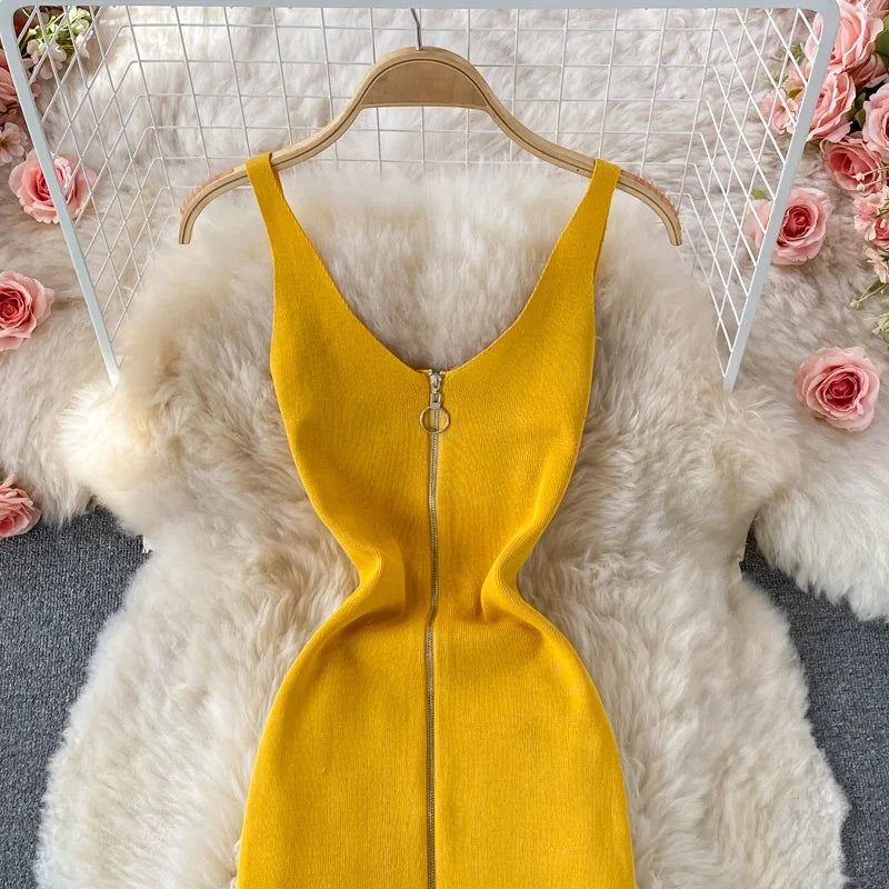 Zipple  2023 Sexy Summer Knit Strap Dress Women Tank Elatic Waist Bodycon Sundress Female Beach Split Backless Midi Dress