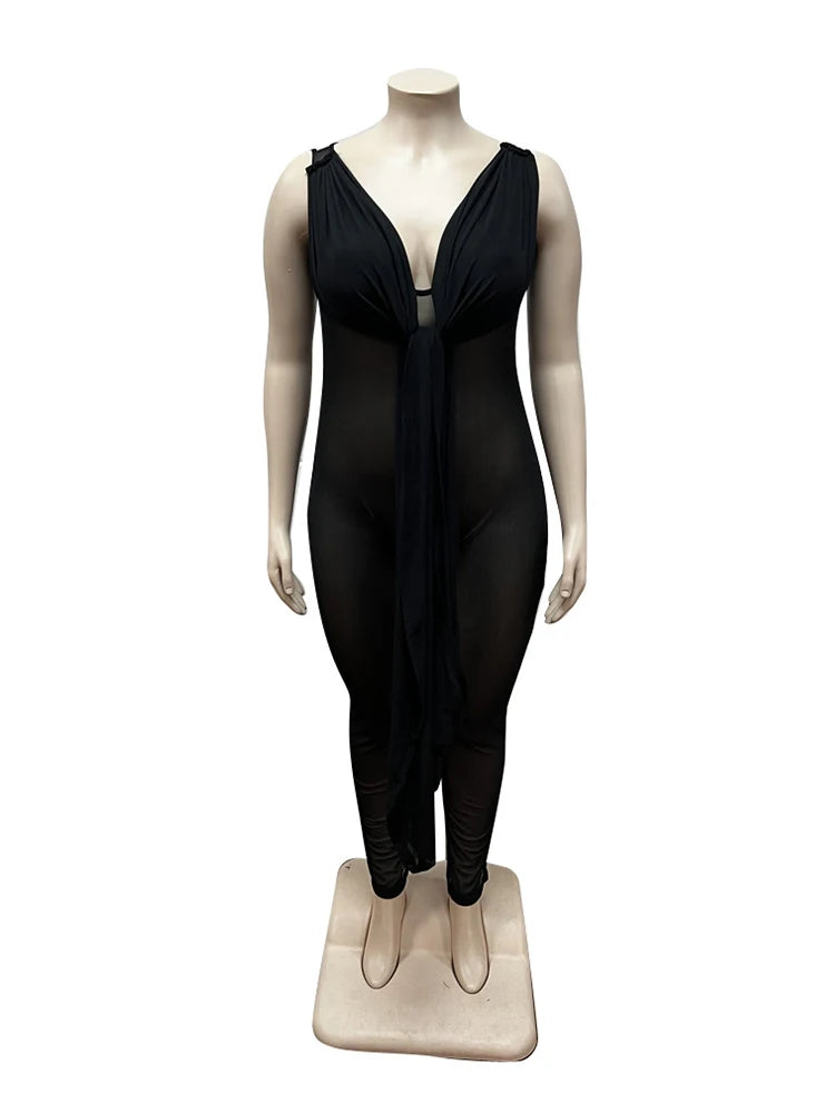 Female Jumpsuit Summer One Piece Ladies Mesh Jumpsuit V Neck Sleeveless Sexy Jumpsuit Woman Wholesale Dropshipping