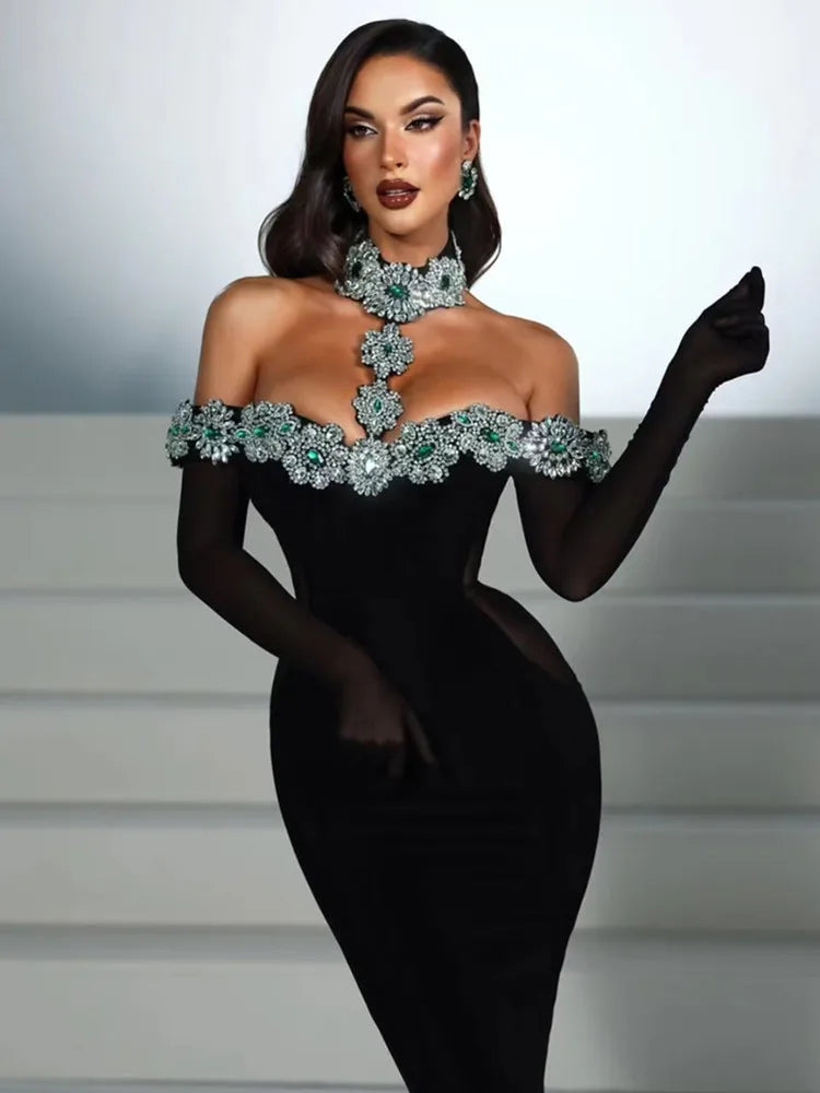 Sommer Verbandskleid 2024 Damen Celebrity Sexy Diamanten Kristall Schwarz Maxi Lang Bodycon Elegantes Abend Club Party Kleid