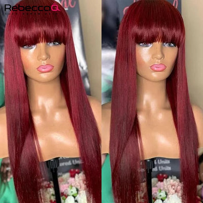 Wear to go 99J Wig Burg Red Bone Straight Human Hair Wig With Bangs For Women Brazilian Remy Hair Colored Halloween Cosplay Wigs