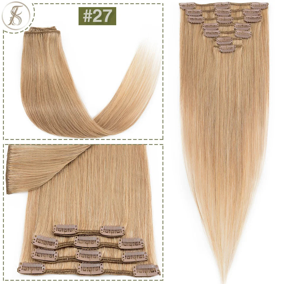 TESS 7Pcs/Set Human Hair Clip In Hair Extensions Natural Extension 14"-24" Full Head Blonde Human Hair Clip Ins Remy Hair Pieces