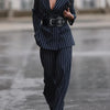 Modigirl 2025 New Blazers for Women Fall Spring Outerwear V-Neck Long Sleeves Striped Urban Ladies Clothing Jacket with Belt