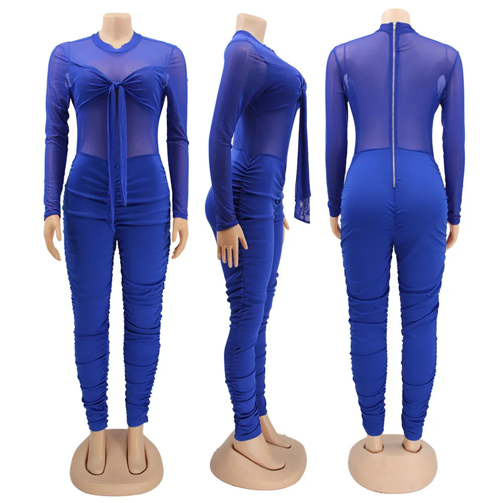 Sexy Mesh Patchwork Jumpsuits for Women Elegant Long Sleeve Bandage One Piece Party Long Bodysuit