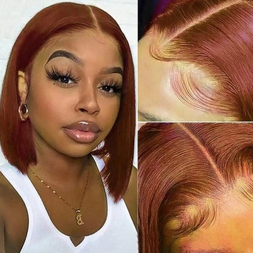 Short Brown Color Bob Wig Peruvian Straight Lace Front Human Hair Wigs For Women #33 Reddish Brown 13*6*1 T Lace Part Wig