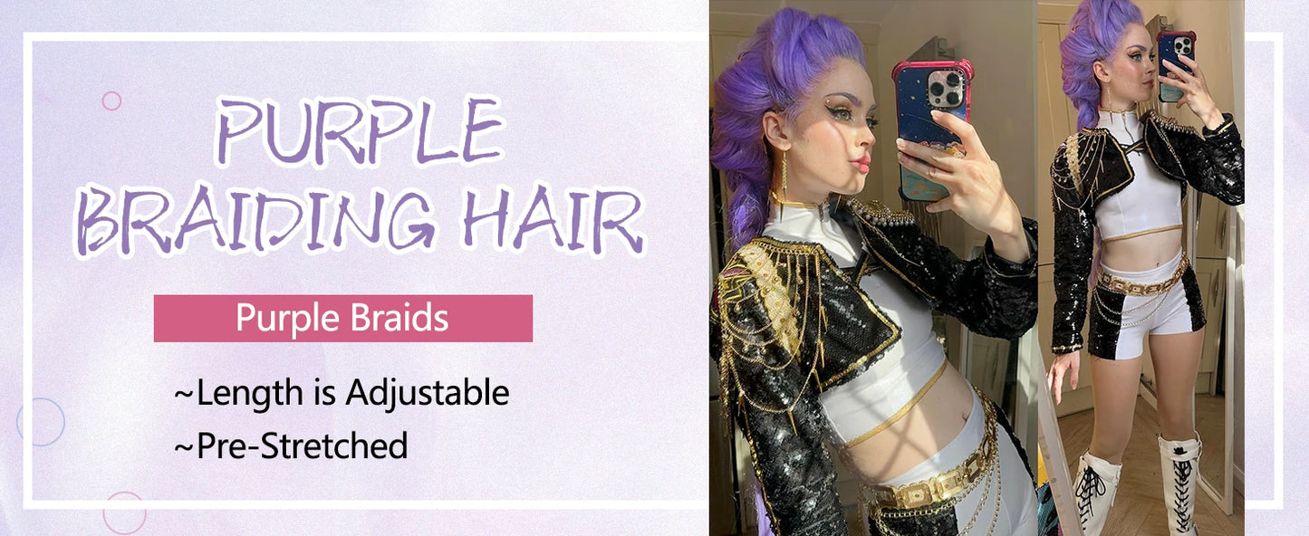 Purple Braiding Hair Pre Stretched Long Synthetic Braiding hair Extensions for Stage Party Halloween Costume Cosplay