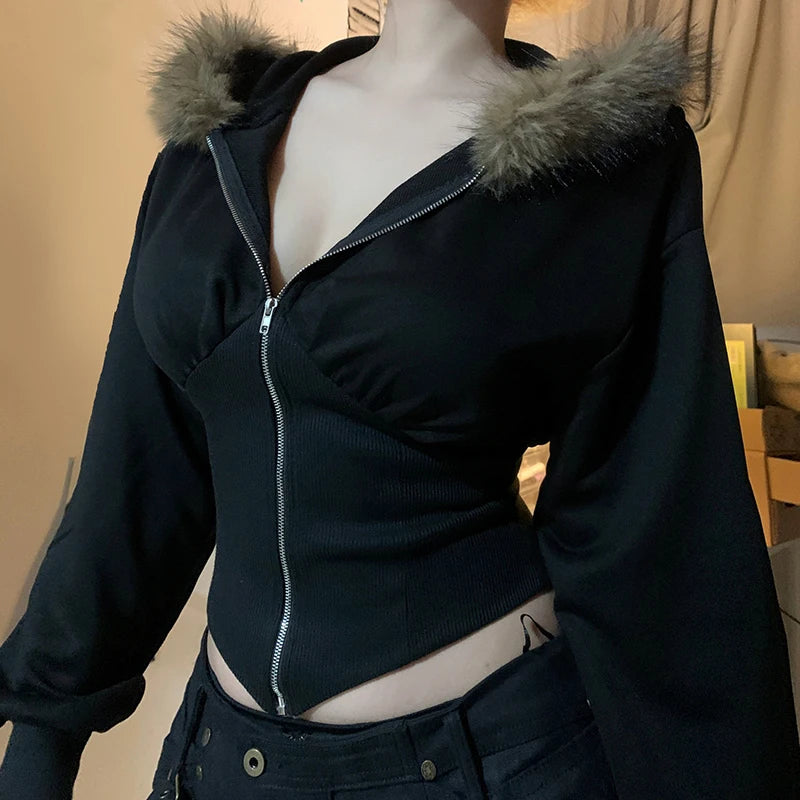 BIIKPIIK Fur Collar Hooded Women Coats Casual Zipper Slim Hoodies Simple All-match Black Harajuku Coat Autumn Winter Sweatshirts