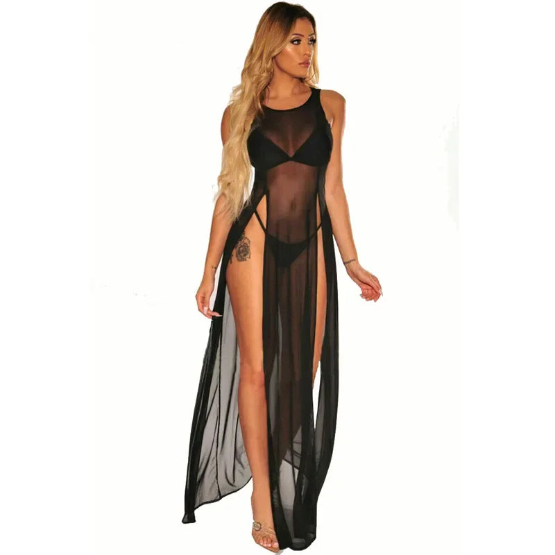 Top Fashion Transparent Sexy Split Long Sleeping Dress Super Elastic Multi-color Mesh Beach Skirt Women Nightgown Lingerie Dress
