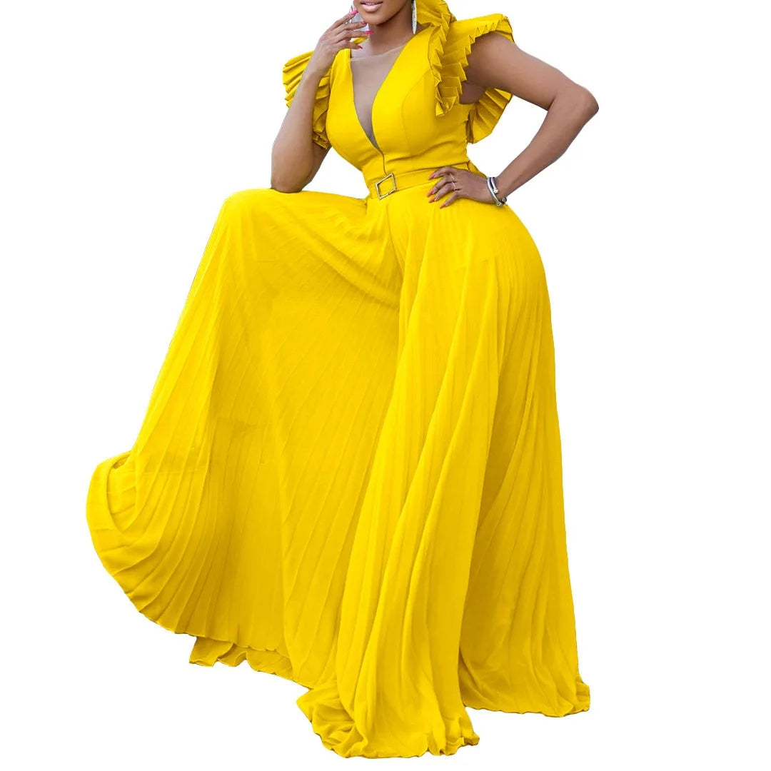 Elegant Pleated Jumpsuits & Rompers for Women V Neck Ruffles Belt Waisted High Waisted Floor Length Luxury Birthday Party Outfit