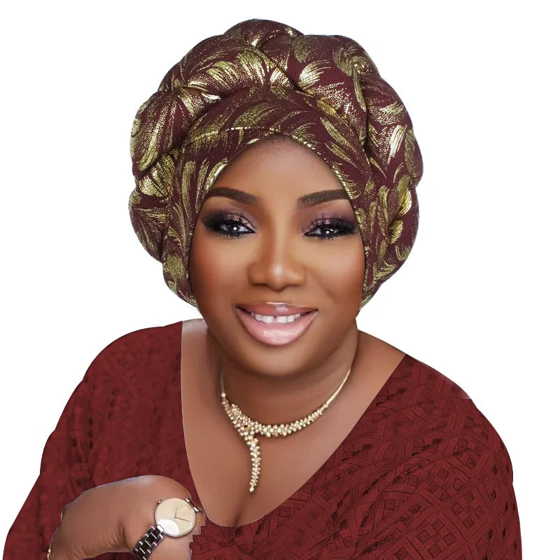 Gold Stamping Fabric Turban Cap for Women Braids Headwrap Bonnet Lady Head Cover Muslim Hat African Female Headgear