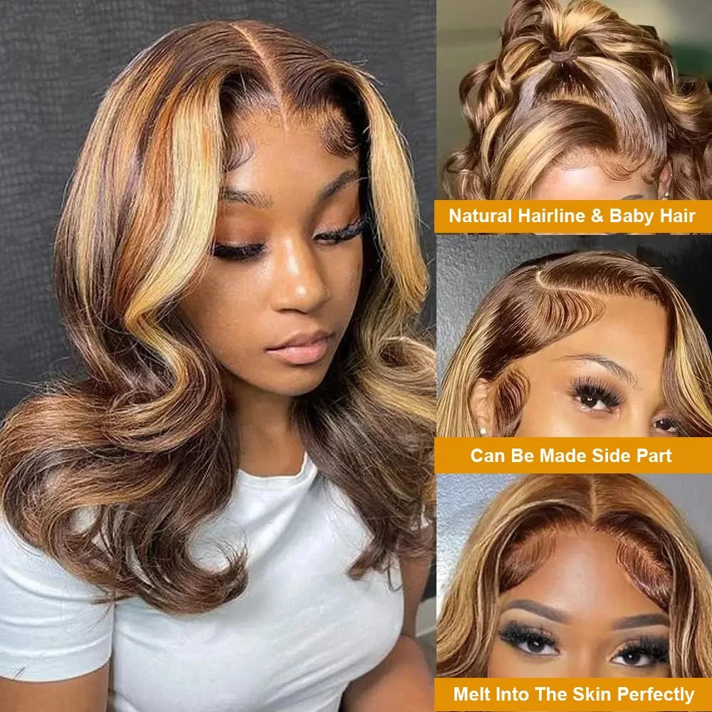 Highlight Body Wave Bob Wig Human Hair  Lace Front Human Hair Wigs For Women Honey Blonde 13X6 Transparent Lace Frontal Wig