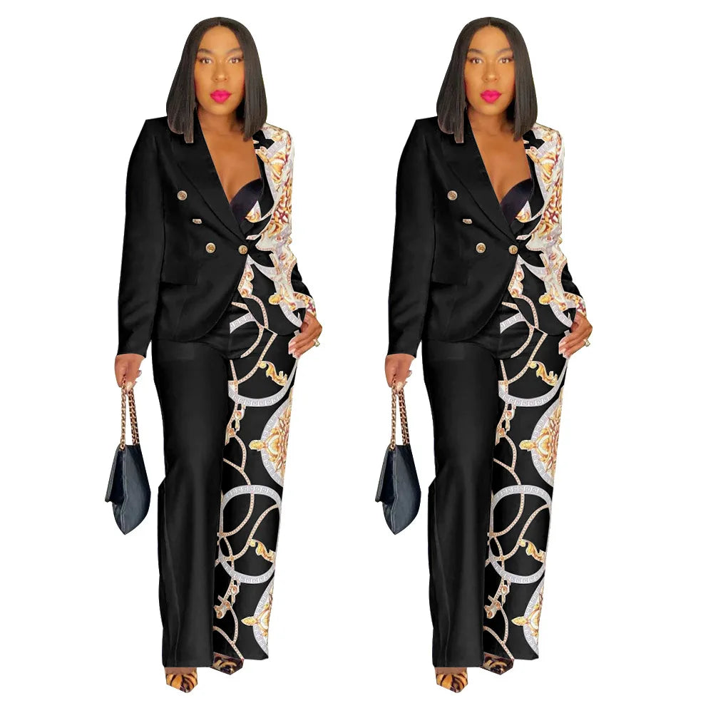 2024 Women Formal Jacket & Trousers Office Lady Outfits Autumn Women Two Pieces Set Print Blazer Coat & Pants Suit Sets Female