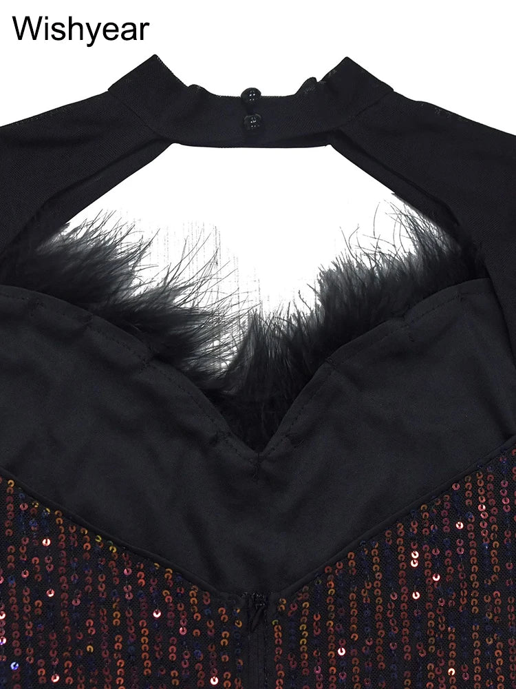 Wishyear Sexy Feather Mesh Patchwork Sequins Night Club Jumpsuits Shorts for Women Glitter Birthday Overalls Christmas Playsuits