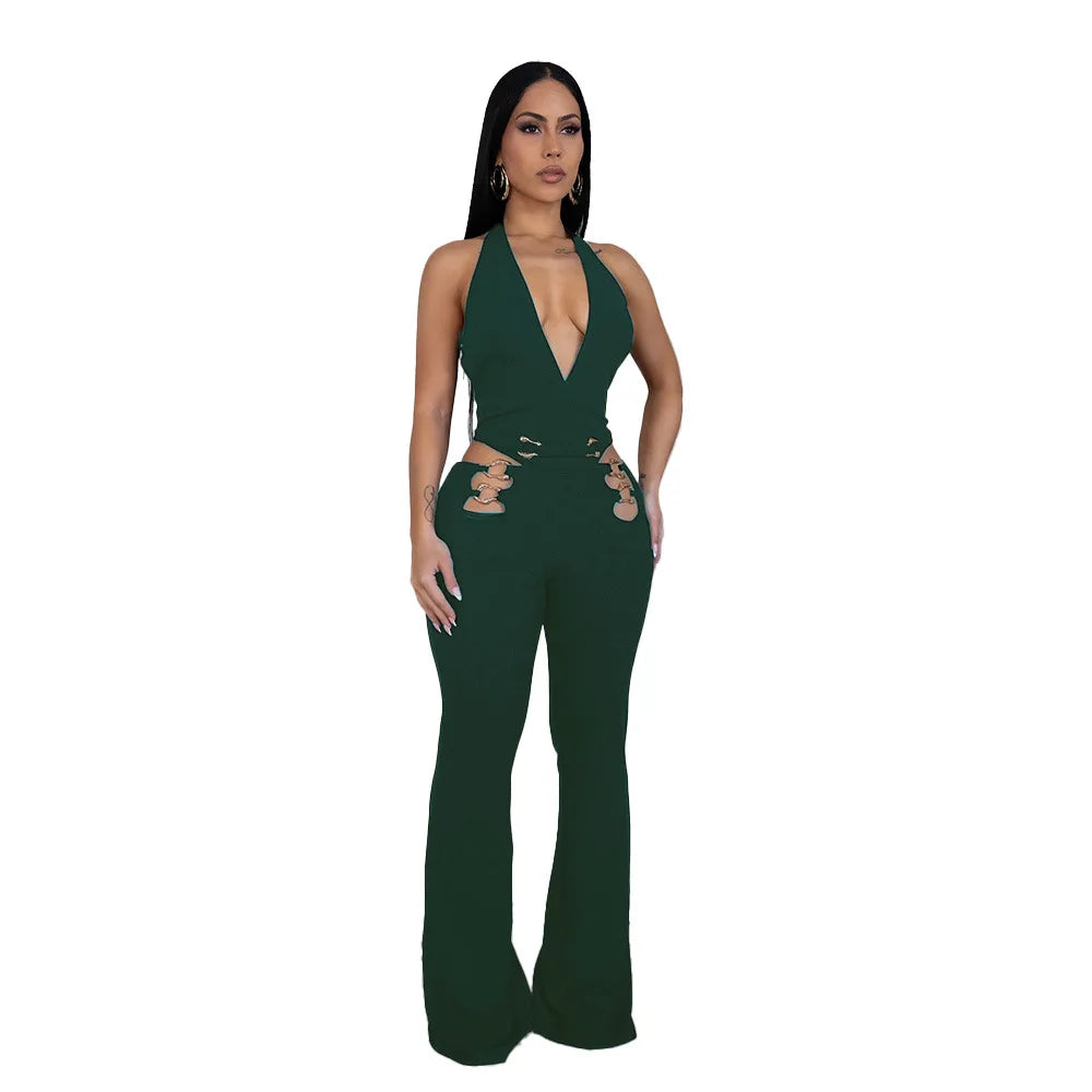 CM.YAYA Women V-Neck Backless Straight Sleeveless Flare Jumpsuits 2025 Summer Hollow Out Sexy One Piece Set Streetwear Outfits