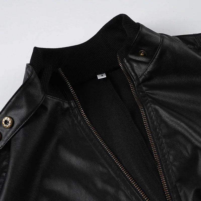 Street style waist cinched short stand up collar PU leather spicy girl zipper cardigan casual jacket