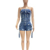 HLJ&GG Blue Sexy Denim Pocket Cargo Bodycon Rompers Women Off Shoulder Sleeveless Backless Slim Jumpsuit Fashion Cowboy Playsuit