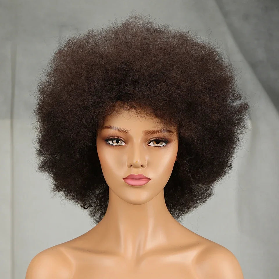 QVR Short Afro Kinky Curly Wigs With Bangs For Women Fluffy Short Afro Curly Wigs Human Hair Wig 180% Density Full Machine Hair