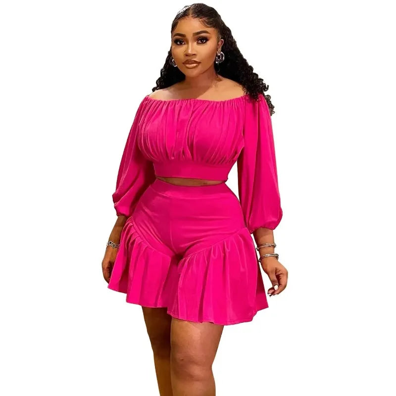 Customized Plus Size Women's Set Long Sleeve Slash Neck T-Shirt and Shorts 2025 Summer Ruched Two 2 Piece Set Outfits Tracksuit