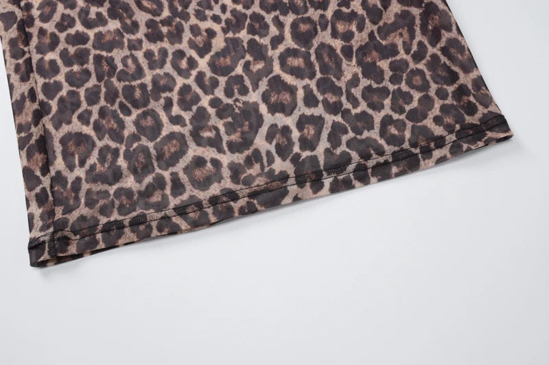 Dress Summer Women Leopard Print Mesh O Neck Long Sleeve Sexy See Through Maxi  Fashion Outfits Beach Vacation Nightclub