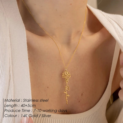 eManco Custom Birth Month Botanical Flower Pendant Stainless Steel Gold Plated Personalized Name Necklace Women's Accessories