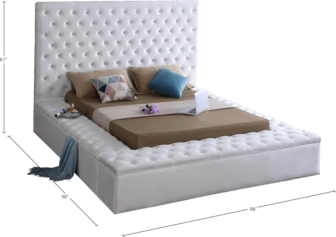 Bliss Collection Modern Contemporary Velvet Upholstered Bed with Deep Button Tufting and Storage Compartments White Queen
