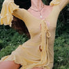 Summer slim-fitting see-through sexy hot girl dress elegant solid color V-neck strappy long sleeves ruffled slit long skirt