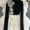 Faionable Diamond Embellied Wrap Skirt Set ort Top Long Dr Slimming High Collar Long Sve Zipper Two Piece Set
