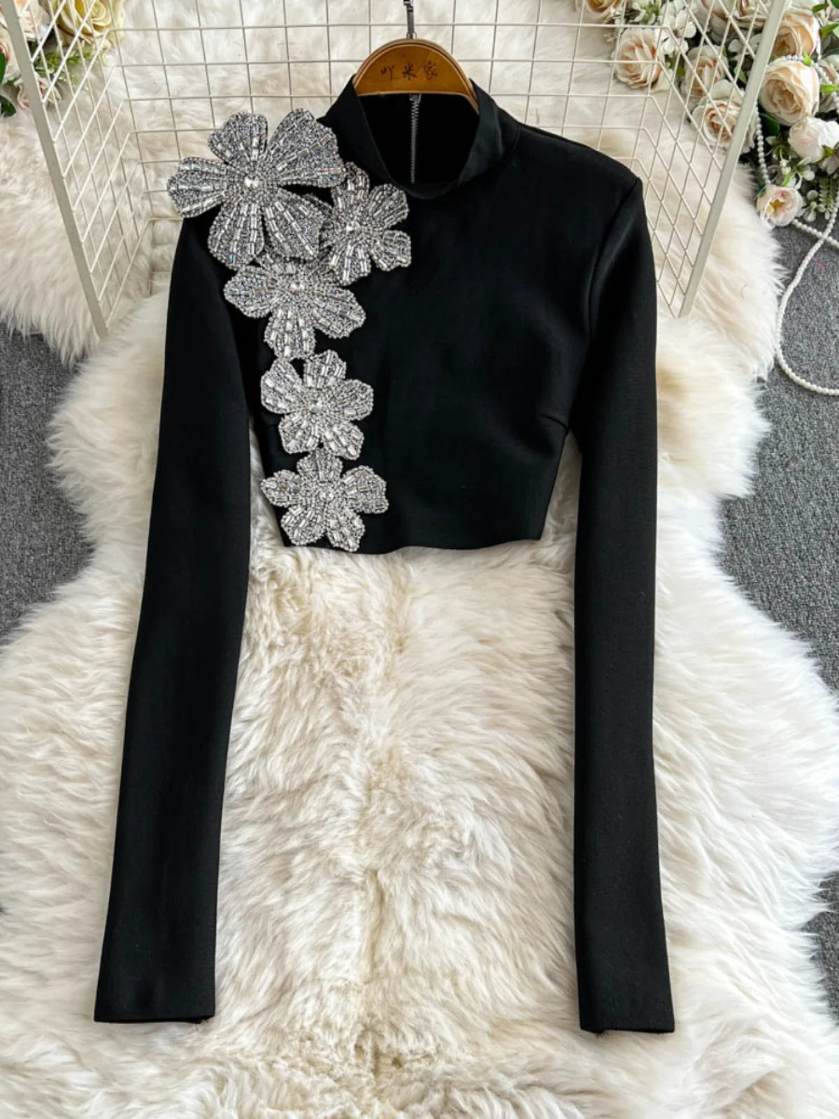 Faionable Diamond Embellied Wrap Skirt Set ort Top Long Dr Slimming High Collar Long Sve Zipper Two Piece Set