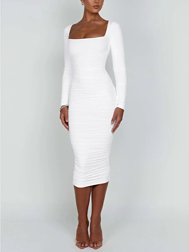Autumn and Winter Women Sexy Bodycon Dress Square Neck Long Sleeved Ladies Evening Dresses