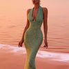 Sexy Halter Deep V Neck Sequins Maxi Dress Women Green Sleeveless Backless Sequined Slim Long Dresses Celebrity Party Gowns