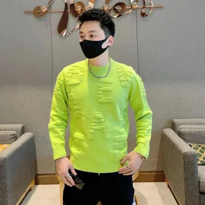 Men's Clothing Green Knit Sweater Male Letter Plain Solid Color Pullovers Sheap Korean Fashion Classic Jumpers A Overfit Heated