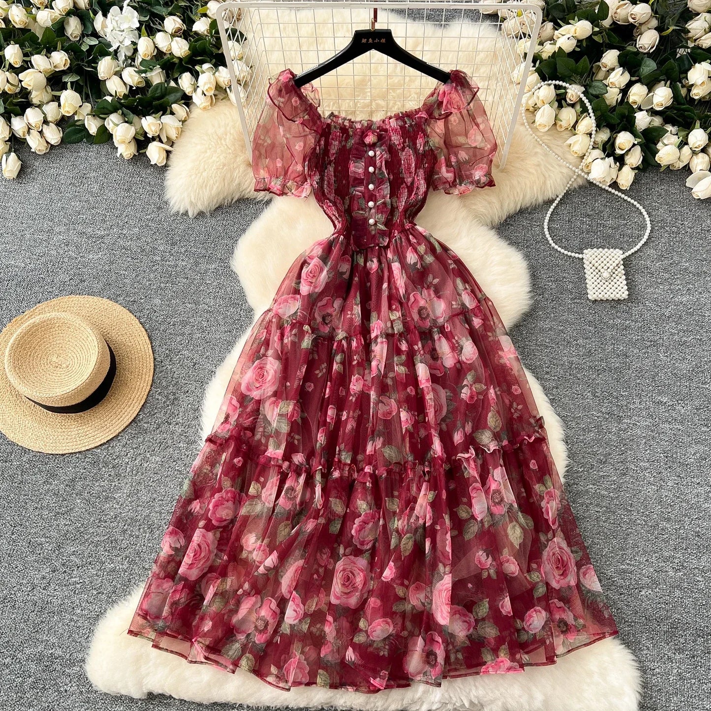 Elegant Slash Neck Vintage Short Puff Sleeve Chic Print Slim Chiffon Dresses French High Street Evening Autumn Mesh Clothing