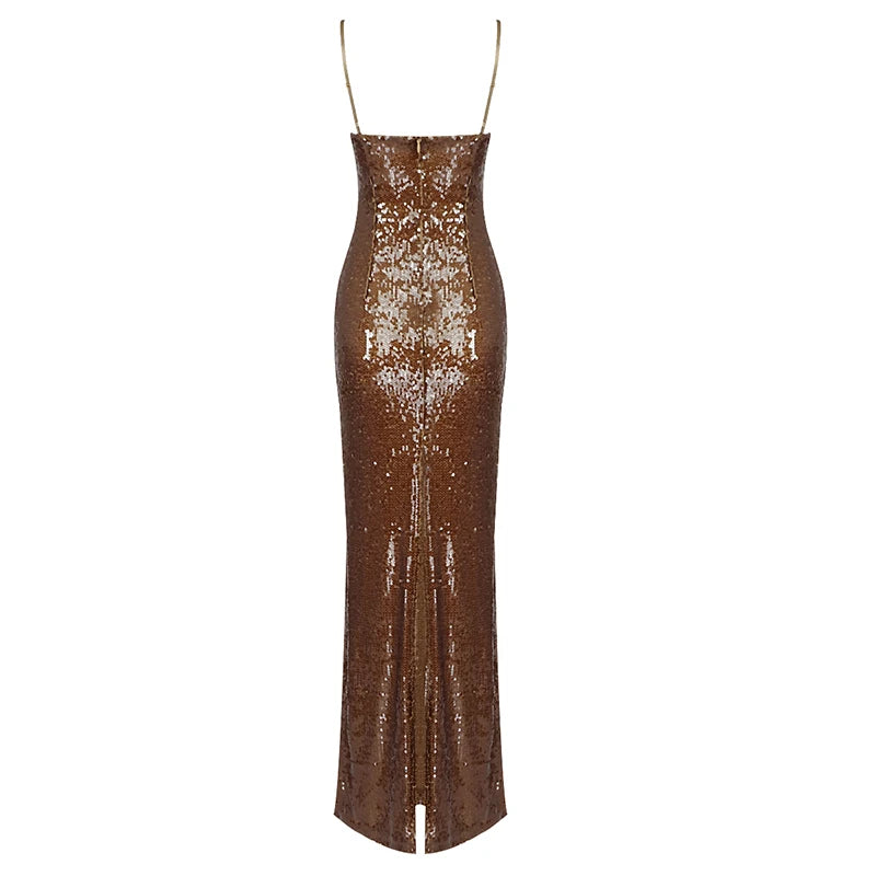 New Summer Dress 2024 Women Sexy Sleeveless Backless Mesh Sequins Brown Bodycon Maxi Dress Elegant Long Evening Party Dress