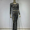 Festival Outfit Women High End Fashion Nude Color Rhinestone Mesh Long Sleeve O Neck Crop Top and Long Skirts Gala Two Piece Set