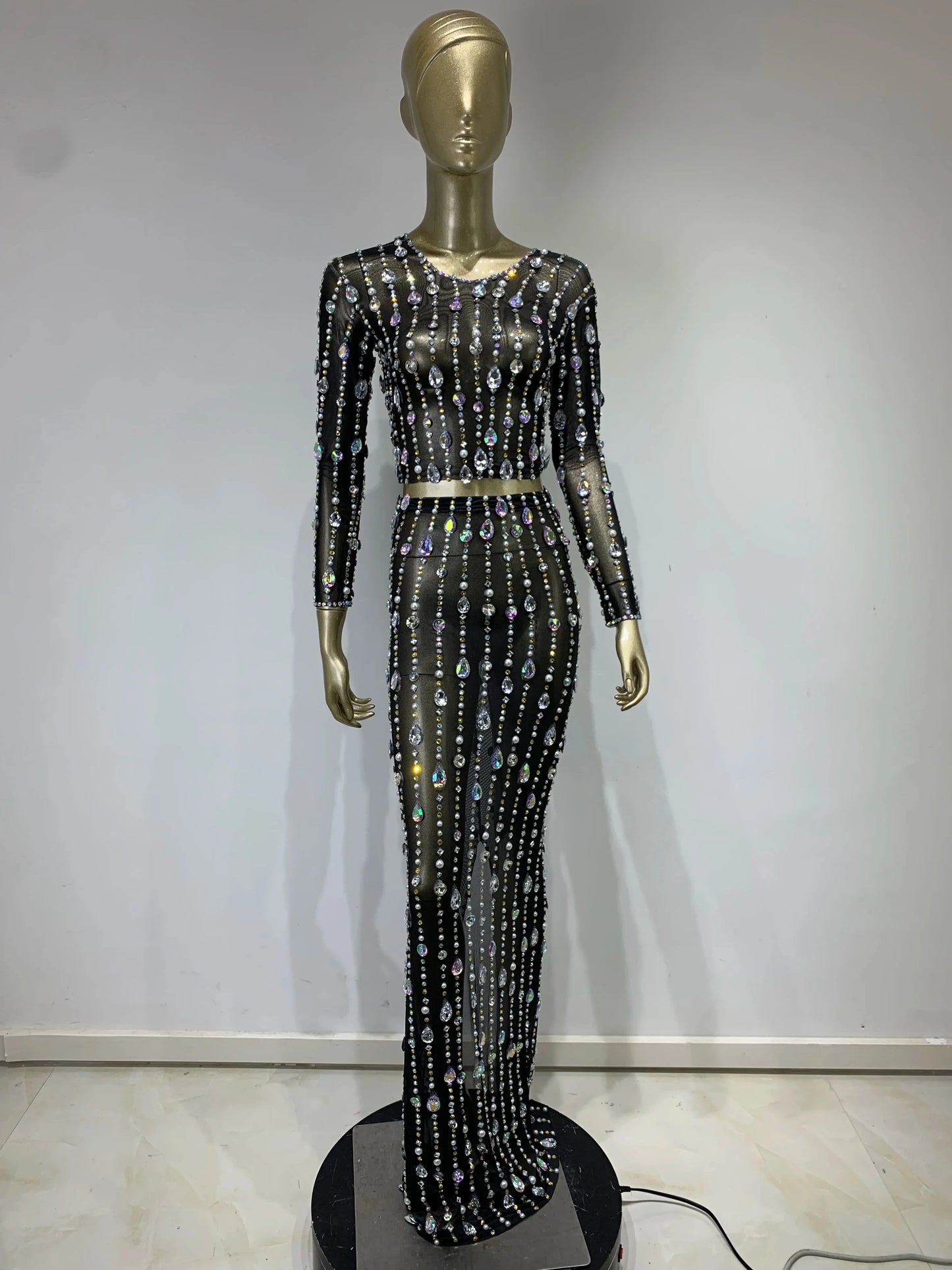 Festival Outfit Women High End Fashion Nude Color Rhinestone Mesh Long Sleeve O Neck Crop Top and Long Skirts Gala Two Piece Set