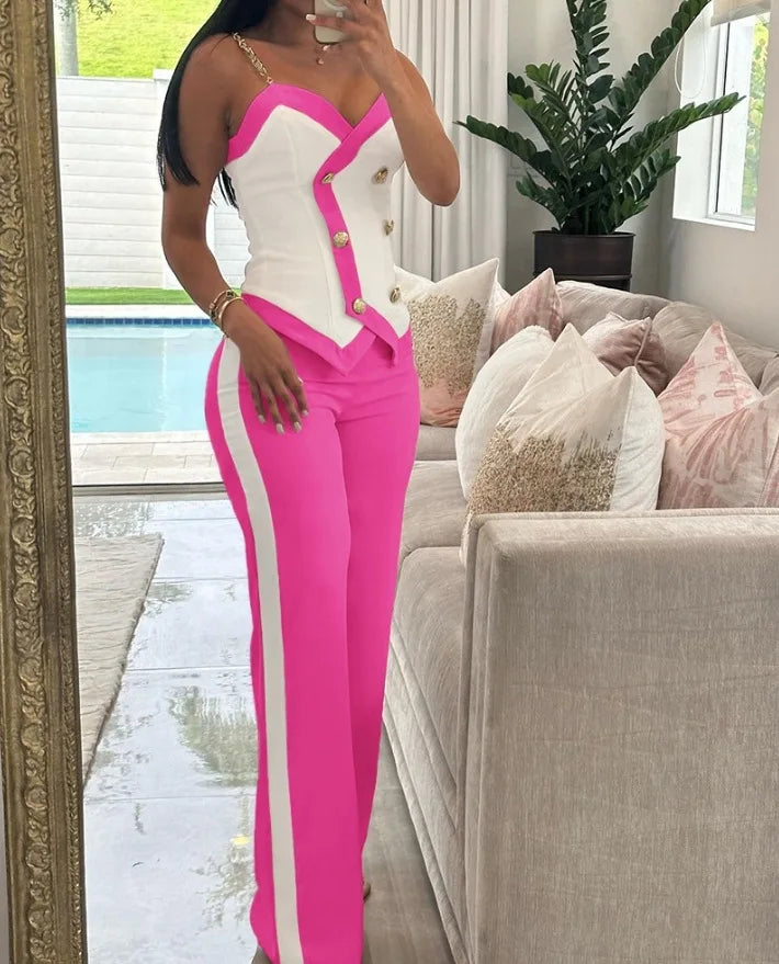2 Piece Sets Women Outfit Sexy One Shoulder Ruched Top & Casual Straight Leg Pants Suits for Female Spring 2024 Fashion New