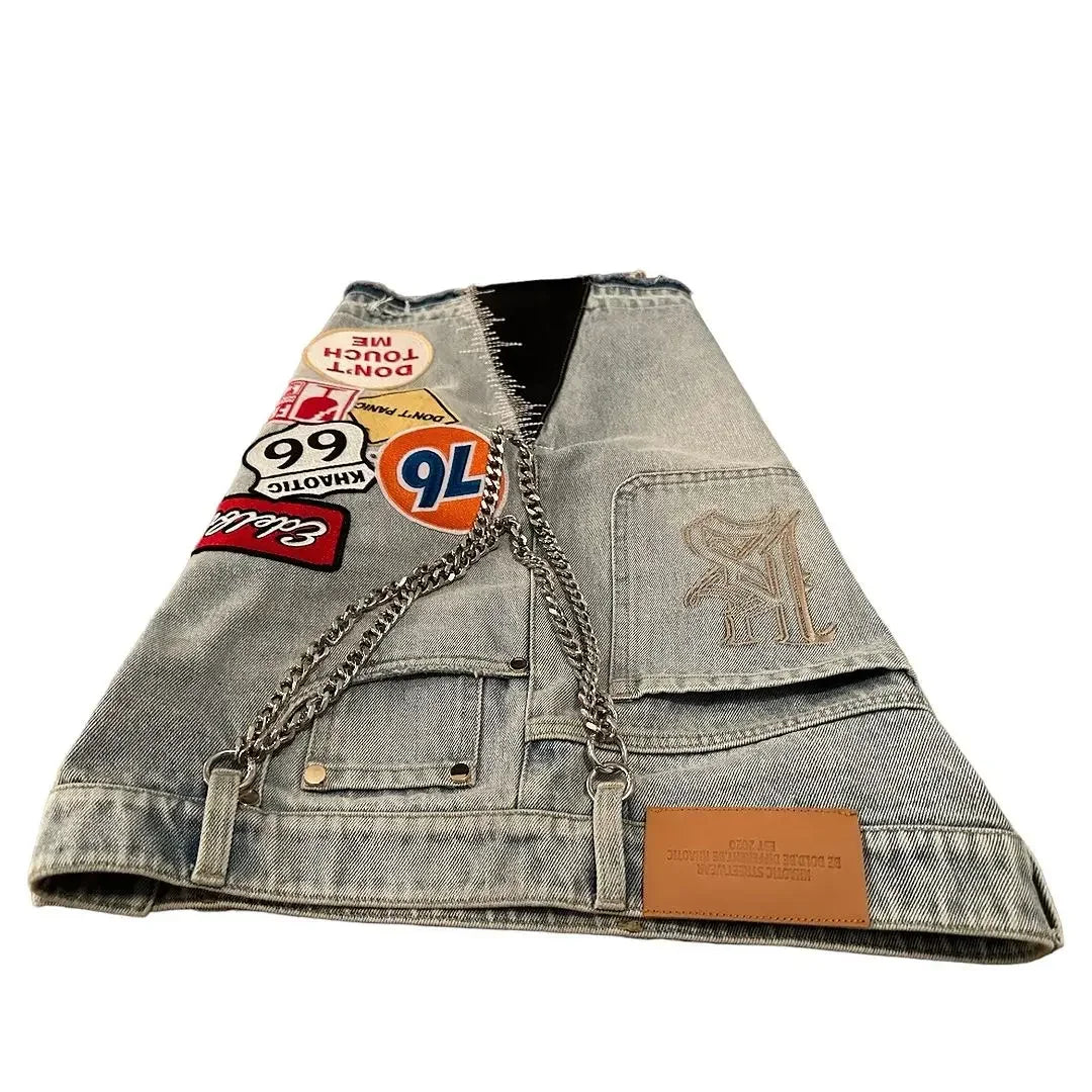 Retro Blue Streetwear Patchwork Denim Short Y2K Jeans Men Women Hip Hop Cartoon Graphics Loose Camo Denim Fitness Casual Shorts