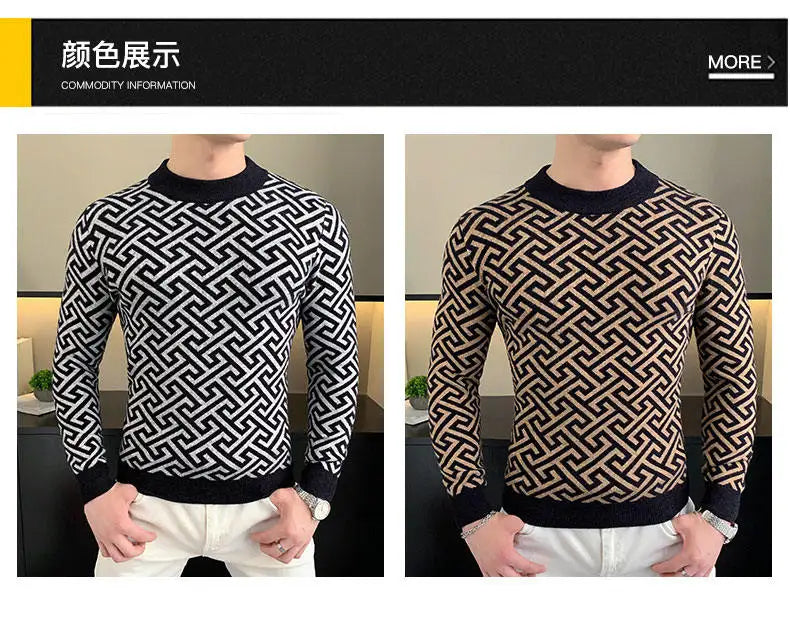 Autumn Winter Velvet Knitted Sweater Men's Long Sleeve Round Necked Sweater Slim Fit Casual Business Knitwear Tops Men Clothing