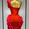 Women Sexy One Shoulder Red Ruffles Bodycon Bandage Dress 2025 Celebrity Elegant Evening Birthday Party Club Luxury Dresses