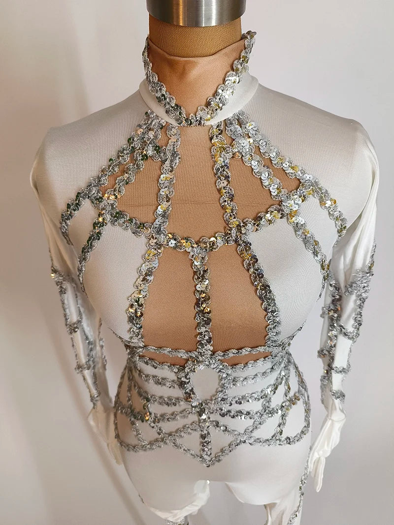 New Sequins Jumpsuit White Stretch Pole Dance Costume Drag Queen Outfit Singer Dancer Performance Wear Adult Clubwear Jumpsuit
