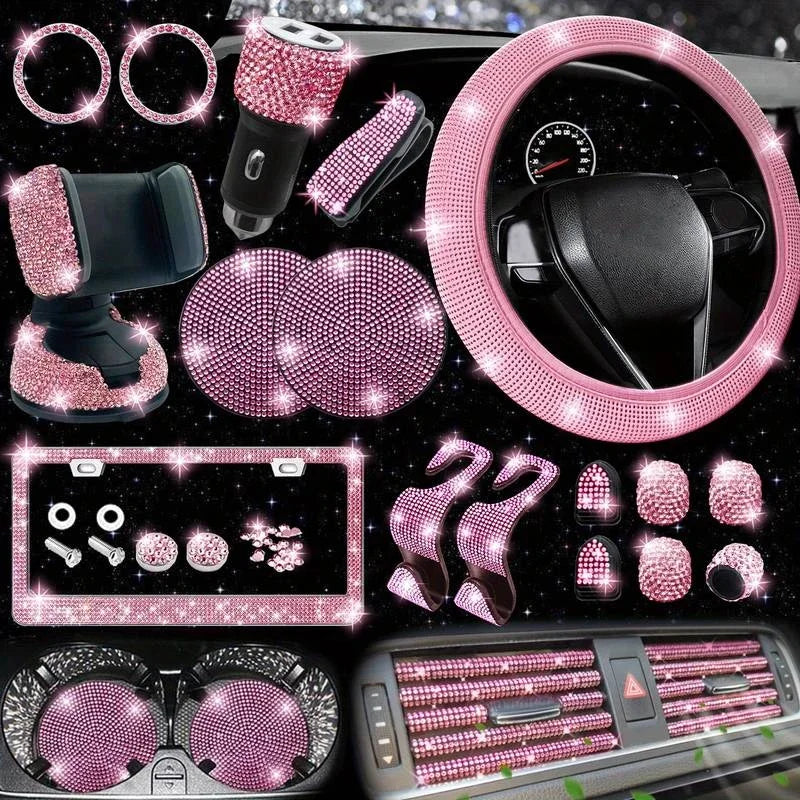 Car Accessories Set 27/4Piece Women Bling Universal Fit Polyester Steering Cover Shiny License Frame Phone Holder Coasters Tools