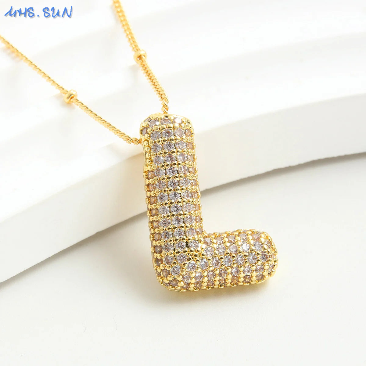 SUNSLL Cubic Zircon A-Z 26 Bubble Letter Necklace 2 Sizes Gold Plated M Chunky Balloon Initials Pendant Women Chain Jewelry 2024