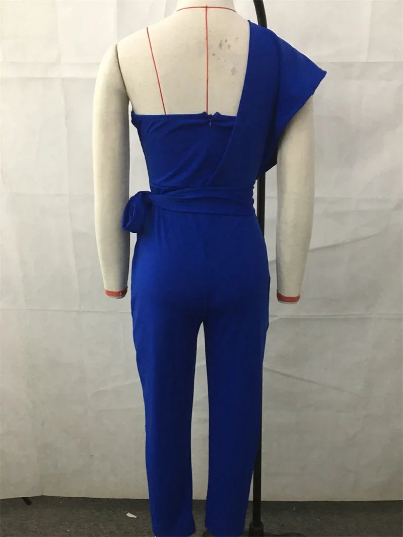 Fashion Sequins Decoration One Shoulder Backless Jumpsuit Women Female Slim Fit Stretch Lace-up High Waist  Back Zipper Rompers