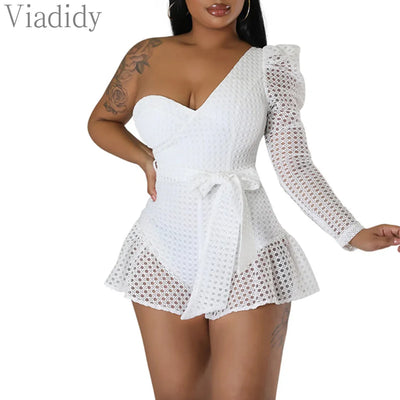 Women Sexy Solid Color One Shoulder Ruffles Decor Skinny Rompers Backless Playsuits with Belt