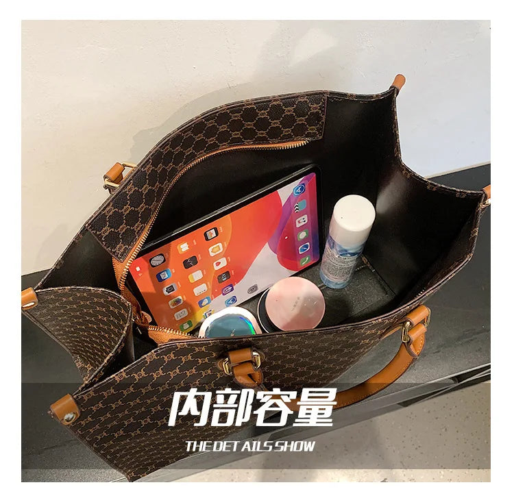 Large-capacity women's bags in Europe and the United States retro shoulder bag classic letters PU commuter handbags women