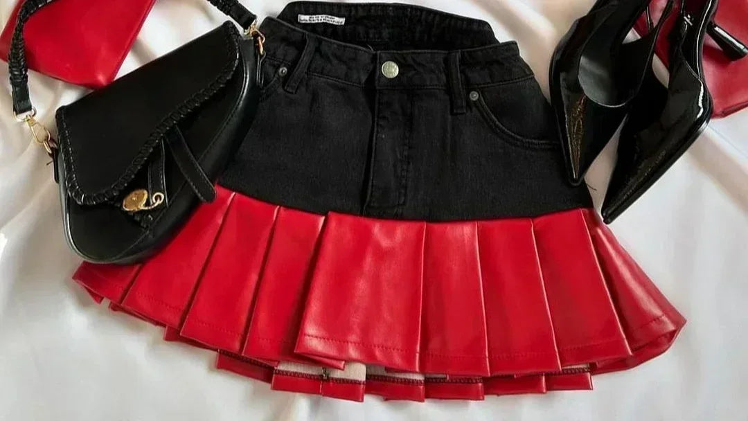 Y2K Womens Street Clothing Heart shaped Leather Clothing Two Punk Jacket Cut Denim Patchwork Retro Pleated Mini Skirt Jacket Set