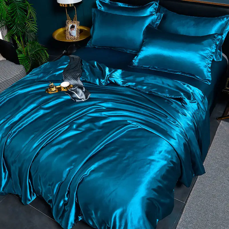 Nordic Satin Silk Bedding Set with Duvet Cover Bed Sheet Pillowcases Luxury Solid Single Double Couple Pillow Case Bedsheet