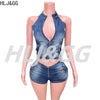 HLJ&GG Blue Fashion Denim Halter Two Piece Sets Women Sleeveless Backless Slim Crop Top And Skinny Jean Pants Outfits Streetwear