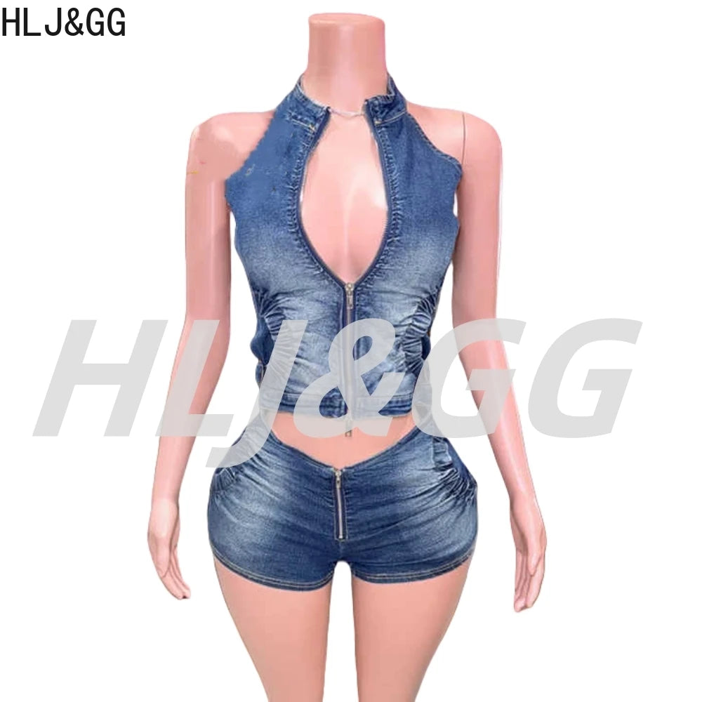 HLJ&GG Blue Fashion Denim Halter Two Piece Sets Women Sleeveless Backless Slim Crop Top And Skinny Jean Pants Outfits Streetwear