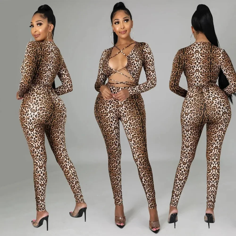 HLJ Sexy Backless Lace Up Leopard Bodycon Jumpsuits Women O Neck Long Sleeve Skinny Pants One Piece Playsuits Fashion Overall