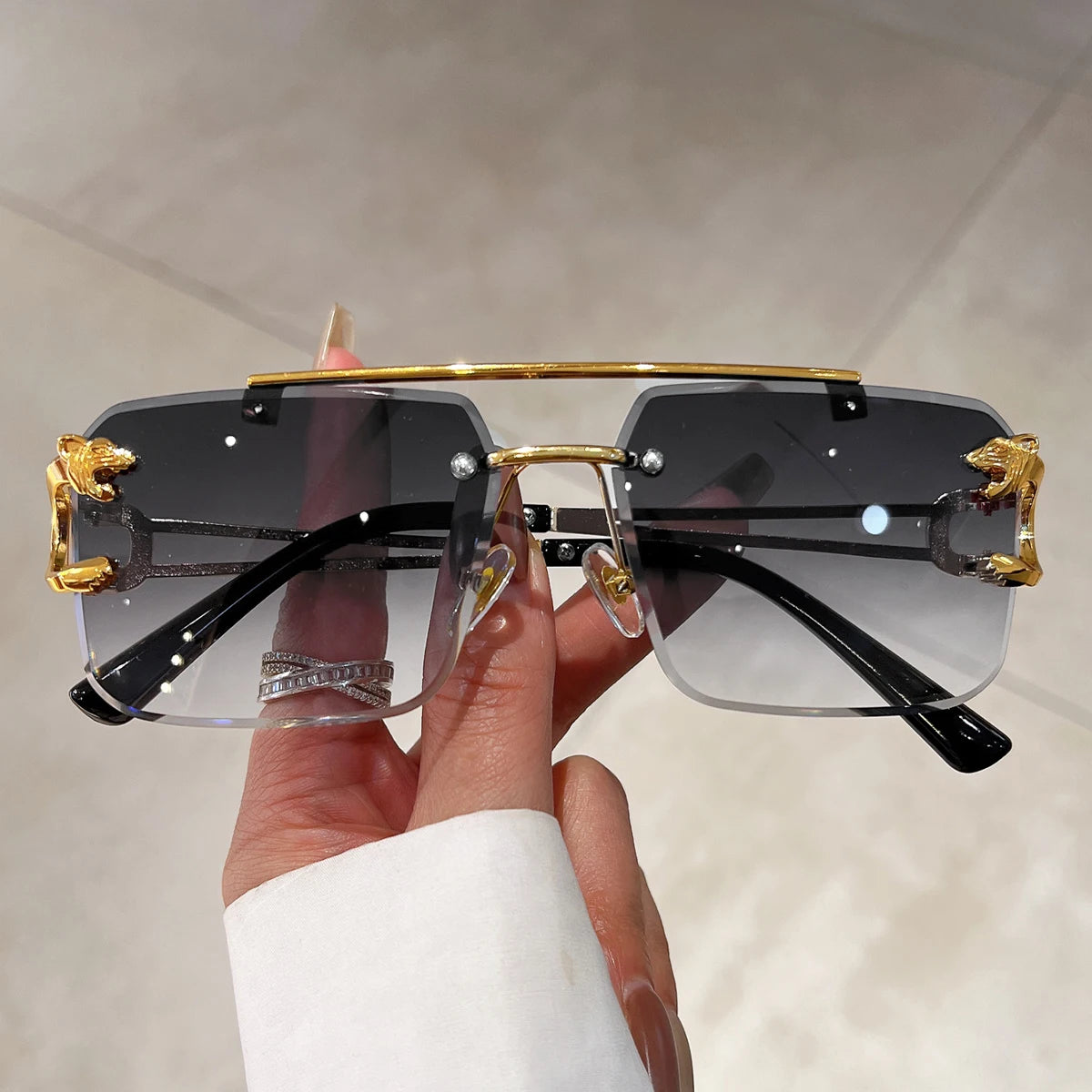 KAMMPT Vintage Rimless Sunglasses Men Women Fashion Oversized Square Shades Eyewear New Double Bridge Gradient UV400 Sun Glasses